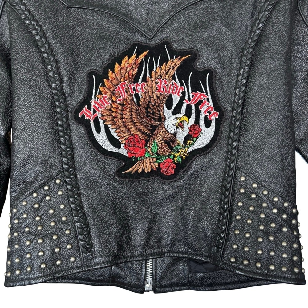 FMC Studded Leather Motorcycle Jacket Womens size XS Eagle Live Free Ride Free - Picture 4 of 7